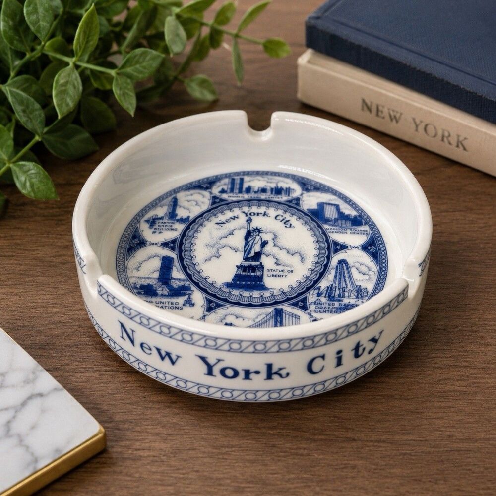 New York City NYC Ashtray Twin Towers WTC Statue Liberty Souvenir Blue White 4”